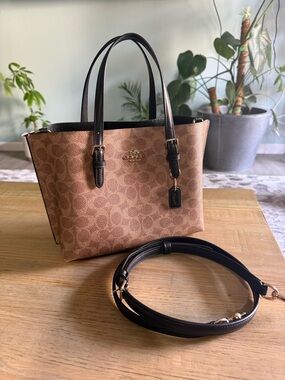 Coach Tan Signature Mini Tote with Black Leather Handles